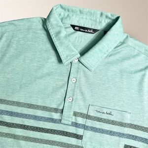Travis Mathew L Green Pima Cotton Blend Golf Polo Striped Stretch Pocket Preppy